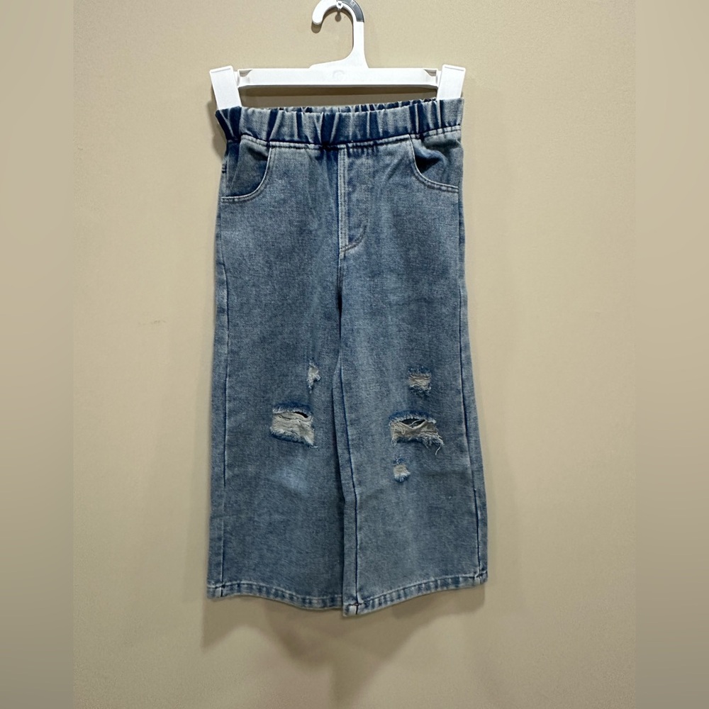 Girls Distressed Wide-Leg Denim Jeans Elastic Waist Size 4-5T